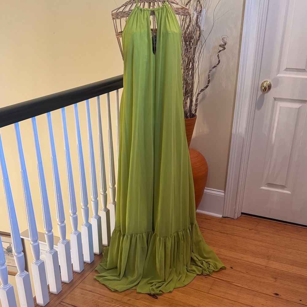 Halter Maxi Dress with Ruffle Hem in Lime Green